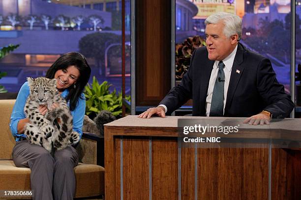 Episode 4518 -- Pictured: Busch Garden's animal expert Julie Scardina with a baby snow leopard during an interview with host Jay Leno on August 29,...