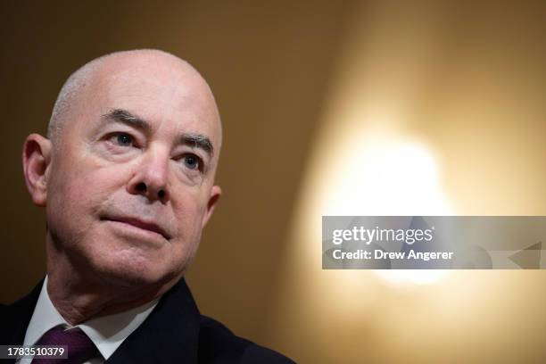 Secretary of Homeland Security Alejandro Mayorkas testifies during a House Homeland Security Committee hearing on Capitol Hill on November 15, 2023...