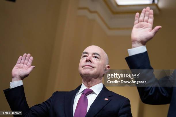 Secretary of Homeland Security Alejandro Mayorkas is sworn in during a House Homeland Security Committee hearing on Capitol Hill on November 15, 2023...