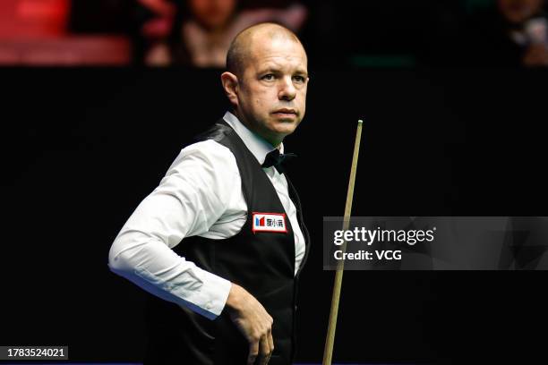 Barry Hawkins of England reacts in the quarter-final match against Tom Ford of England on Day 5 of the 2023 International Championship at the Tianjin...