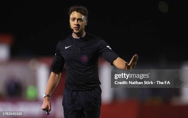 Referee, Aaron Ford gestures during the FA Women's Continental Tyres League Cup match between Sheffield United and Aston Villa at Impact Arena on...