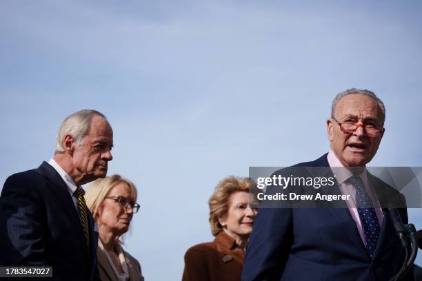 Senate Majority Leader Chuck Schumer speaks during a news conference outside the U.S. Capitol on November 15, 2023 in Washington, DC. Schumer spoke...