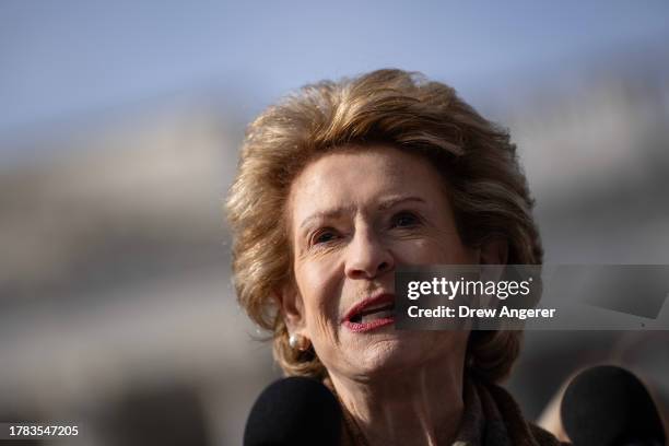 Sen. Debbie Stabenow speaks during a news conference outside the U.S. Capitol on November 15, 2023 in Washington, DC. Stabenow spoke about the two...