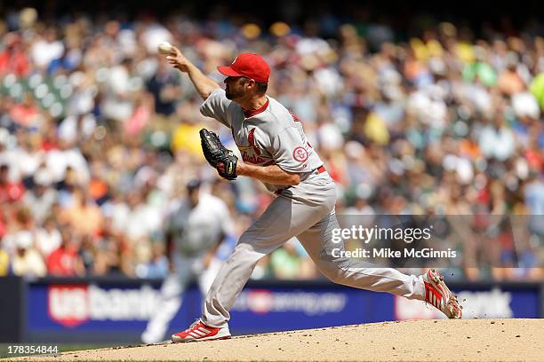 Jake Westbrook of the St. Louis Cardinals pitches during the game against the Milwaukee Brewers at Miller Park on August 21, 2013 in Milwaukee,...