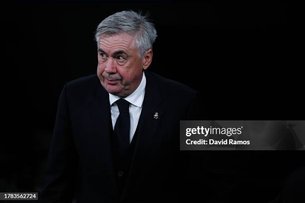 Head coach Carlo Ancelotti of Real Madrid CF looks on prior to the UEFA Champions League match between Real Madrid and SC Braga at Estadio Santiago...