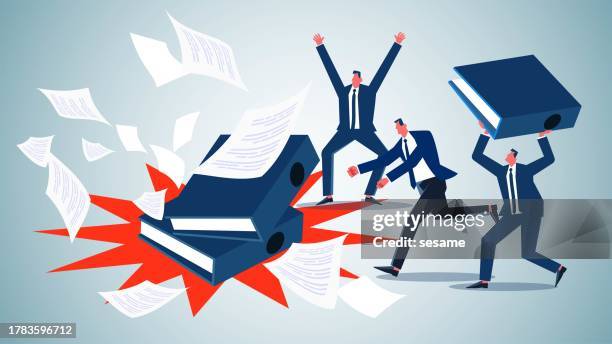 angry employees, bad office, emotional breakdowns from stressful jobs, employees venting frustrations and throwing away job folders - red tape stock illustrations