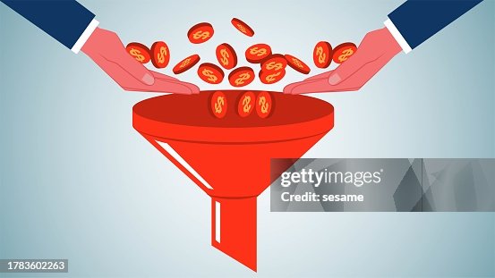 Filtering money, money laundering, financial crime, advertising and marketing conversion rates, tax evasion, hand holding a bunch of money and dropping it into a funnel for filtering Filtering money, money laundering, financial crime, advertising and marketing conversion rates, tax evasion, hand holding a bunch of money and dropping it into a funnel for filtering
