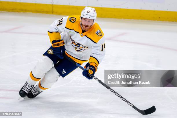 Gustav Nyquist of the Nashville Predators skates during third period action against the Winnipeg Jets at Canada Life Centre on November 09, 2023 in...