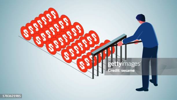 wealth sorting and management, investment product management, wealth programs, merchants use rakes to sort out gold coins that are neatly stacked on the ground - mailroom stock illustrations