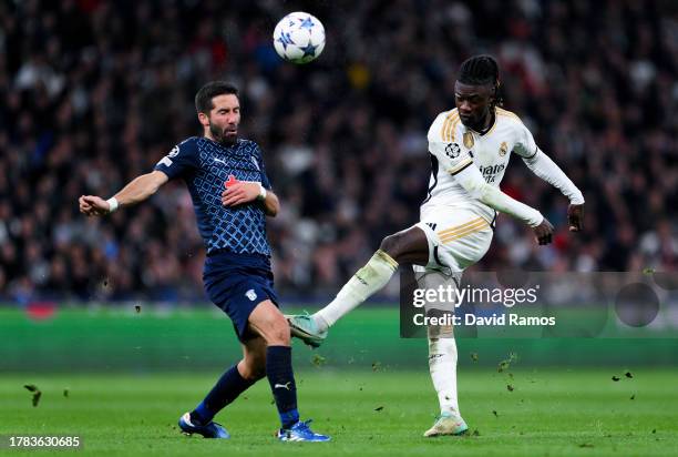 Brahim Díaz of Real Madrid CF runs with the ball during the UEFA Champions League match between Real Madrid and SC Braga at Estadio Santiago Bernabeu...