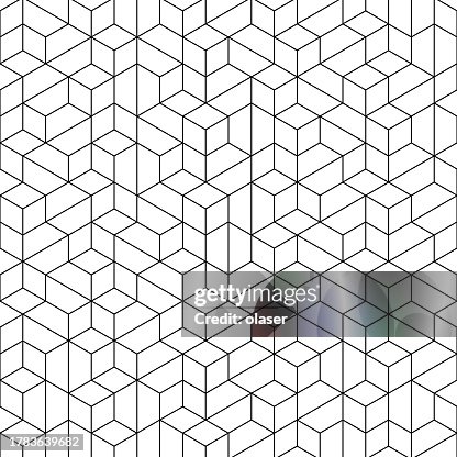 Line-drawn 3D cube pattern forming a complex tessellation on a white background. Line-drawn 3D cube pattern forming a complex tessellation on a white background.