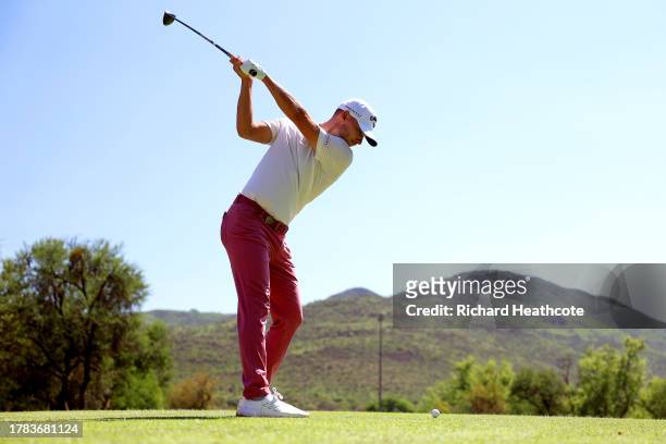 Nicolai Hojgaard of Denmark tees off on the second hole during Day One of the Nedbank Golf Challenge at Gary Player CC on November 09, 2023 in Sun...