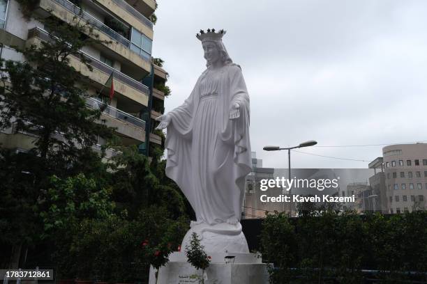Statue of the Virgin Mary seen in the middle of the roadside in Sassine Square on June 22, 2023 in Beirut, Lebanon.