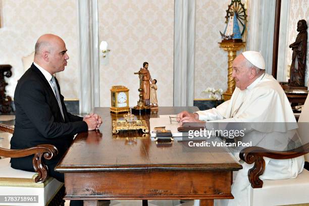 Pope Francis meets with the president of the Swiss Confederation Alain Berset during an audience at the Apostolic Palace on November 09, 2023 in...