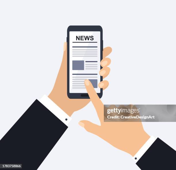 stockillustraties, clipart, cartoons en iconen met businessman holding smartphone and reading daily news online - newspaper article
