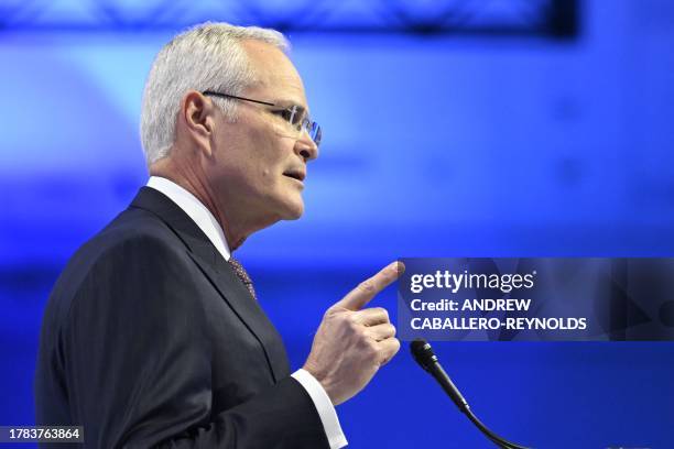 ExxonMobil CEO, Darren Woods, speaks during the "Reframing the Climate Challenge: Keep the Energy, Reduce the Emissions" conversation at the...
