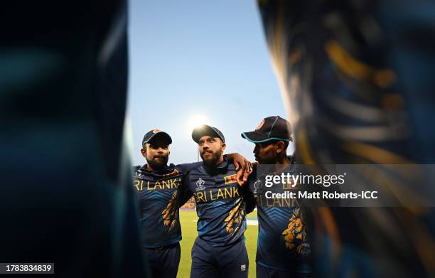 Kusal Mendis of Sri Lanka looks on from the huddle during the ICC Men's Cricket World Cup India 2023 between New Zealand and Sri Lanka at M....