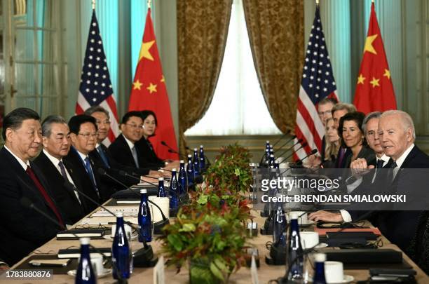 President Joe Biden meets with Chinese President Xi Jinping during the Asia-Pacific Economic Cooperation Leaders' week in Woodside, California on...
