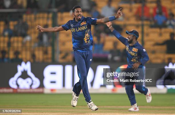 Dushmantha Chameera of Sri Lanka unsuccessfully appeals for the LBW of Daryl Mitchell of New Zealand during the ICC Men's Cricket World Cup India...
