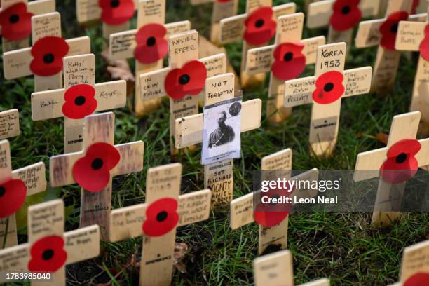 Photograph of Sgt Richard Monty Daniel of the "Buffs" is displayed in the Field of Remembrance at Westminster Abbey on November 09, 2023 in London,...