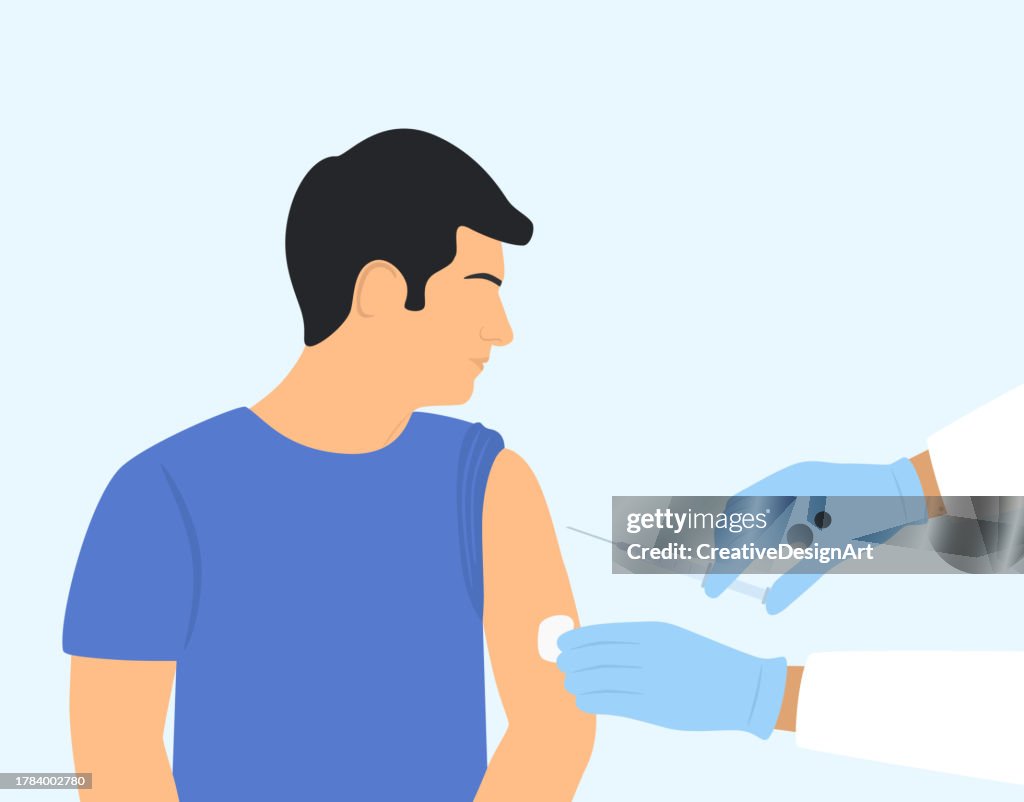 Nahaufnahme der Hände des Arztes, die einem männlichen Patienten Impfstoff injizieren. Schutz vor schädlichen Krankheiten durch Impfung