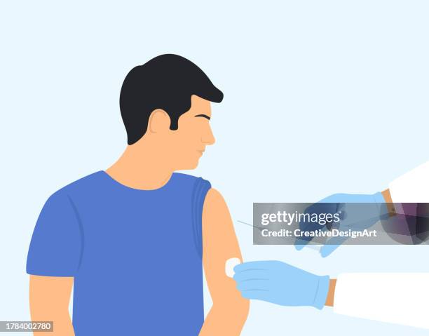 close-up view of doctor's hands injecting vaccine to male patient. protection against harmful diseases with vaccination - clothing shot flat stock illustrations