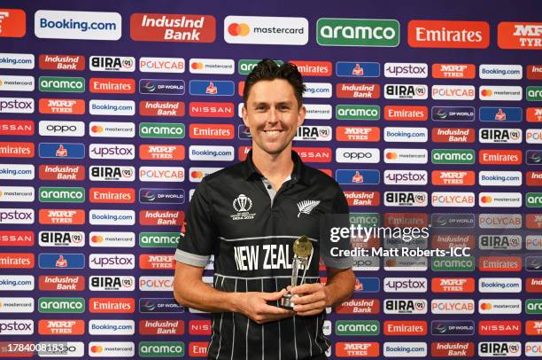 Trent Boult of New Zealand poses after being named Player of the Match following the ICC Men's Cricket World Cup India 2023 between New Zealand and...