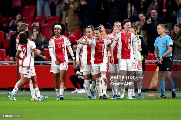 Sherida Spitse of Ajax celebrates the 2-0 during the UEFA Women's Champions League Group C match between Ajax Amsterdam and Paris Saint Germain at...