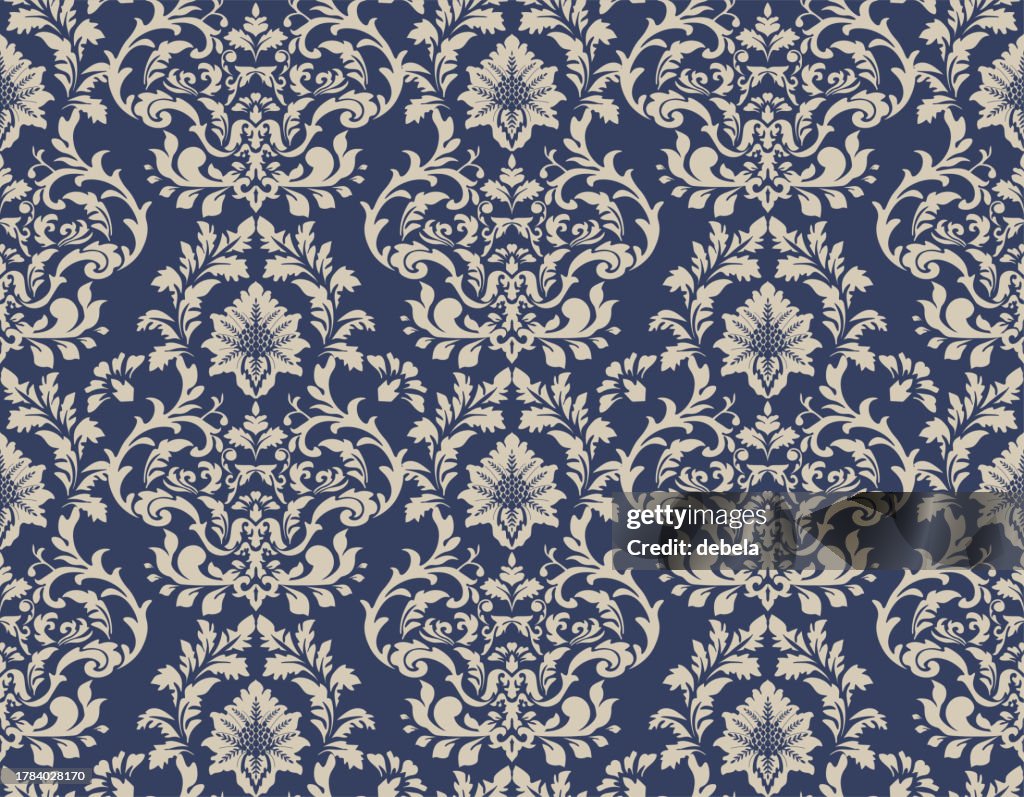 Blau und Beige Viktorianischer Damast Luxus dekoratives Stoffmuster