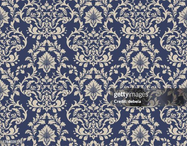 illustrations, cliparts, dessins animés et icônes de bleu et beige victorien damask luxury decorative fabric pattern - royal blue