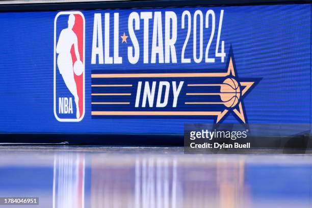 Detail view of signage advertising the 2024 NBA All-Star game during the game between the Utah Jazz and the Indiana Pacers at Gainbridge Fieldhouse...