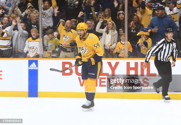 Nashville Predators defenseman Roman Josi celebrates his second period goal during the NHL game between the Nashville Predators and Anaheim Ducks,...