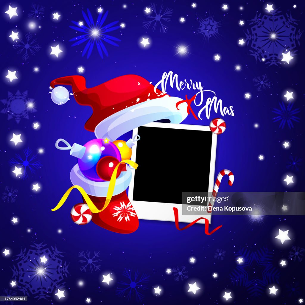 Instant print photo with empty space with New Year's toys and Santa Claus hat on an abstract color background with snowflakes and glowing stars. Stylish New Year template in cartoon style.