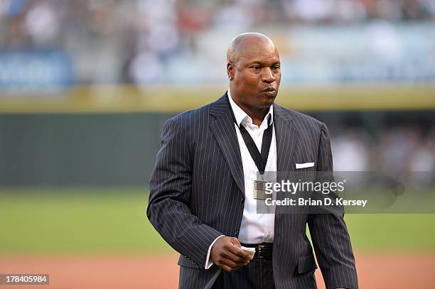 Former Chicago White Sox and Kansas City Royals player and Heisman Trophy winner Bo Jackson stands on the field before the 2013 Civil Rights Game...