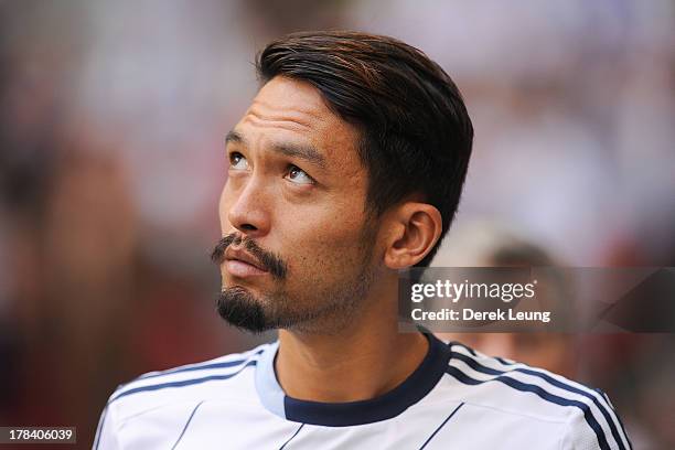 Jun Marques Davidson of the Vancouver Whitecaps in action during warm-ups prior to an MLS match against the San Jose Earthquakes at B.C. Place on...