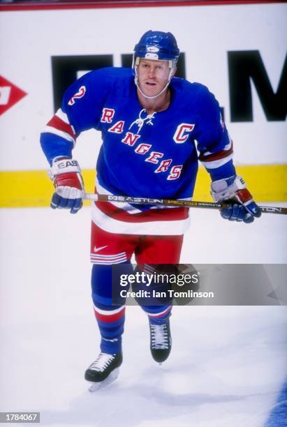 Brian Leetch of the New York Rangers in action during the Rangers 1-1 tie with the Calgary Flames at the Canadien Airlines Saddledome in Calgary,...