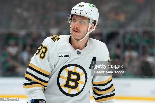 David Pastrnak of the Boston Bruins skates during the first period against the Dallas Stars at American Airlines Center on November 06, 2023 in...