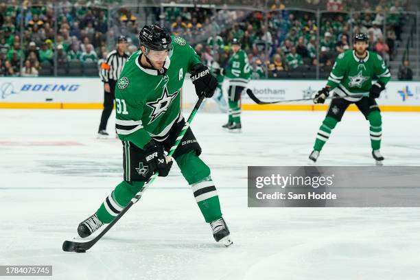 Tyler Seguin of the Dallas Stars shoots the puck during the first period against the Boston Bruins at American Airlines Center on November 06, 2023...