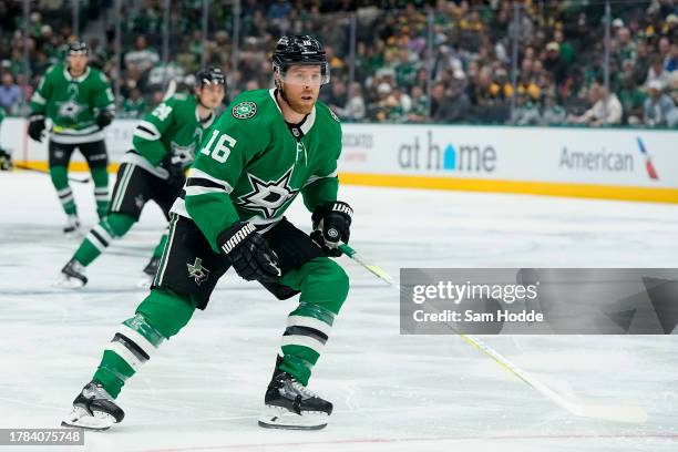 Joe Pavelski of the Dallas Stars skates during the first period against the Boston Bruins at American Airlines Center on November 06, 2023 in Dallas,...