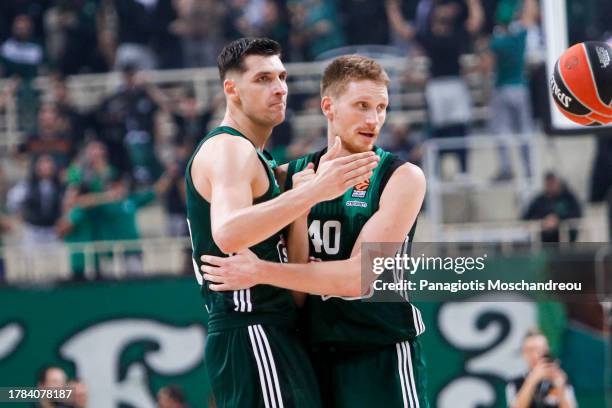 Kostantinos Mitoglou, #44 and Marius Grigonis, #40 of Panathinaikos Athens react during the Turkish Airlines EuroLeague Regular Season Round 8 match...