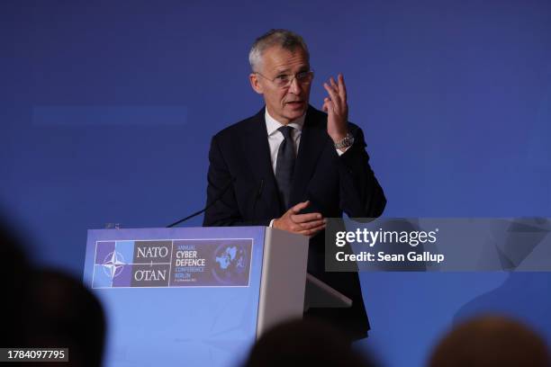 Secretary General Jens Stoltenberg speaks at the first NATO Cyber Defence Conference on November 09, 2023 in Berlin, Germany. The conference is...