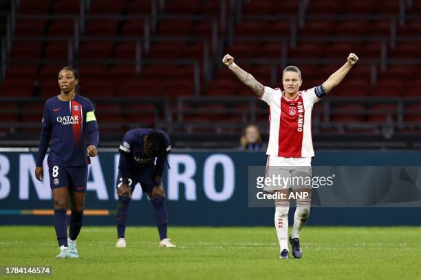 Sherida Spitse of Ajax celebrates the 2-0 victory, Grace Geyoro of PSG, Tabitha Chawinga of PSG disappointed after the UEFA women's Champions League...
