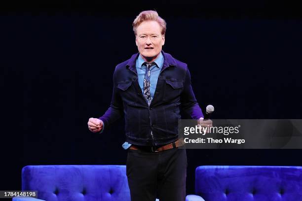 Conan O'Brien performs onstage during a live taping of Conan O'Brien Needs a Friend at Brooklyn Academy of Music on November 08, 2023 in New York...