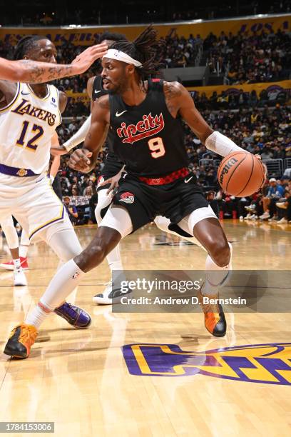 Jerami Grant of the Portland Trail Blazers drives to the basket during the game against the Los Angeles Lakers on November 12, 2023 at Crypto.Com...