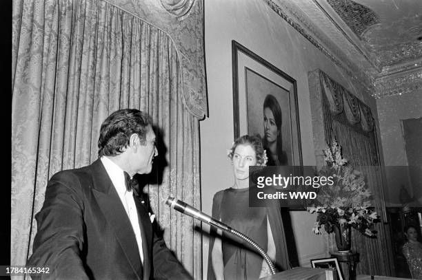 Ardeshir Zahedi and Nancy Kissinger attend a party at the Iranian Embassy in Washington, D.C., on May 11, 1977.