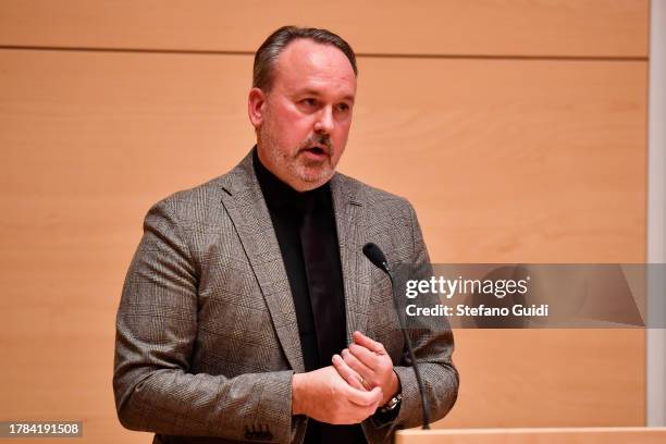 Sam Strijckmans, President & CEO of Nitto speaks during the Nitto ATP Finals Press Conference & Draw Ceremony at Grattacielo Intesa Sanpaolo on...