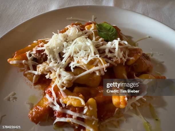 fresh tomato sauce basil and pasta tubes with parmesan cheese. - cavatelli foto e immagini stock