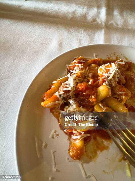 fresh tomato sauce basil and pasta tubes with parmesan cheese. - cavatelli foto e immagini stock