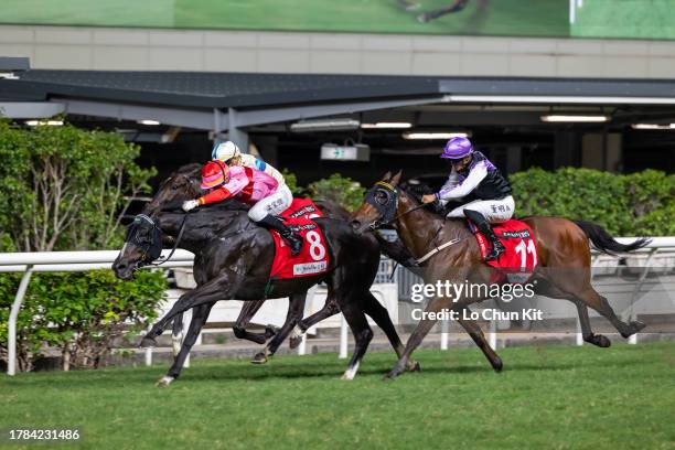 Jockey Derek Leung Ka-chun riding Lean Hero wins the Race 7 Repulse Bay Handicap at Happy Valley Racecourse on November 8, 2023 in Hong Kong.