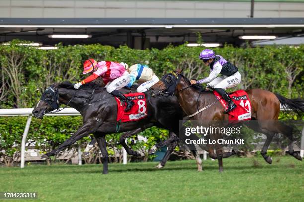 Jockey Derek Leung Ka-chun riding Lean Hero wins the Race 7 Repulse Bay Handicap at Happy Valley Racecourse on November 8, 2023 in Hong Kong.